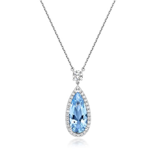 Pale Blue Pear Shape With Long Slim Halo Pendant Fixed Chain LPG0009AQ