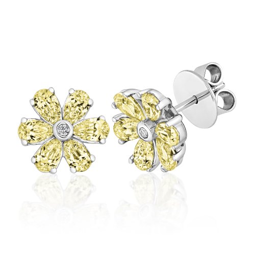 Round Rubover With Yellow Pear Shape Flower  Stud Earrings LEG0079Y