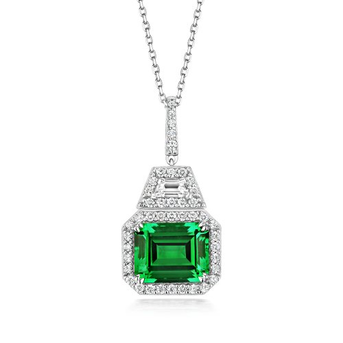 Green Emerald Cut Halo Style Deco Pendant On Running Chain LPG0034E
