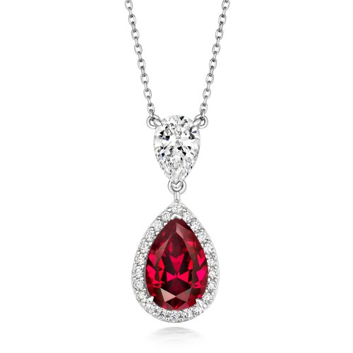 Red Pear Shape Halo Style Double Drop Pendant On Fixed Chain LPG0040R