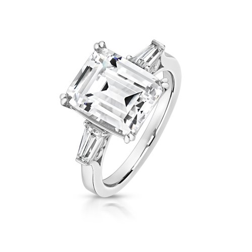 Silver Emerald Cut Centre Stone With Slim Tapered Baguette Shoulder Ring LRG0008