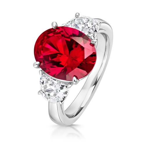 Silver Red Oval Centre Stone Claw Set With Half Moon Sides Trilogy Ring LRG0026R
