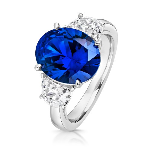silver Blue Oval Centre Stone Claw Set With Half Moon Sides Trilogy Ring LRG0026S