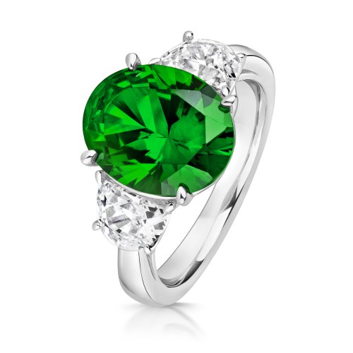 Green Oval Centre Stone Claw Set With Half Moon Sides Trilogy Ring LRG0026E