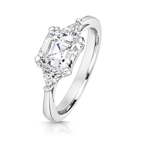 Asscher Cut Centre Stone Claw Set With Triangular Sides Trilogy Ring LRG0037