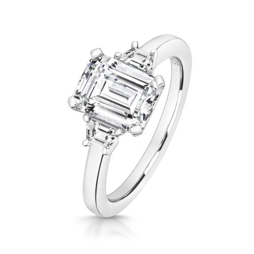 Emerald Cut Centre Stone Claw Set With Trapezium Sides Trilogy Ring LRG0039