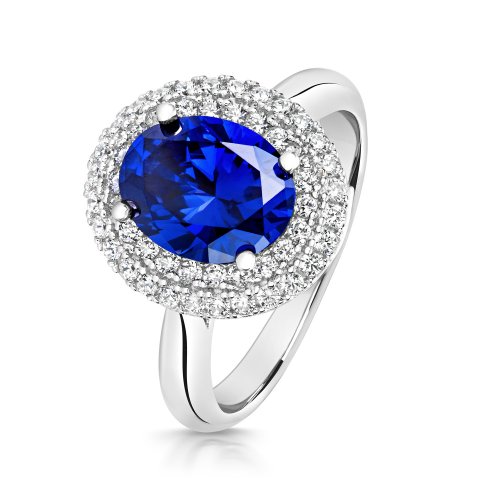 Double Halo Blue Oval Centre Stone Dress Ring LRG0046S
