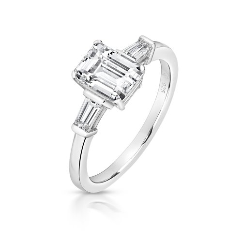 Emerald Cut Centre Stone Claw Set With End Set Tapered Baguette Ring LRG0011