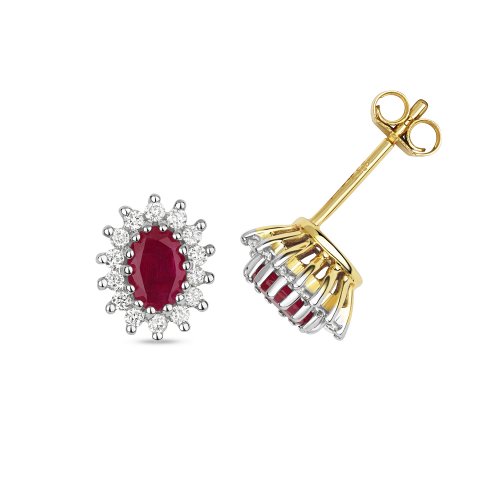 Diamond & Ruby Oval Cluster Studs In 9ct Gold 