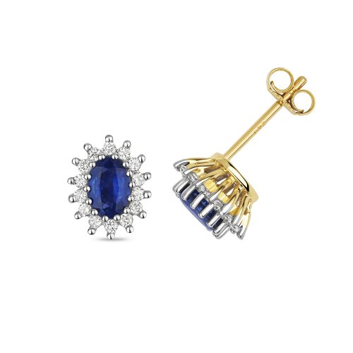 Diamond & Sapphire Oval Cluster Studs In 9ct Gold 