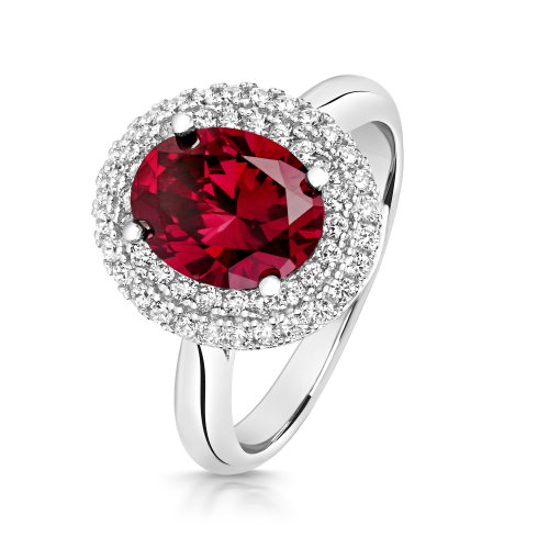 Double Halo Red Oval Centre Stone Dress Ring LRG0046R