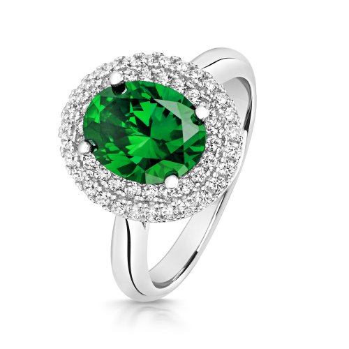 Double Halo Green Oval Centre Stone Dress Ring LRG0046E