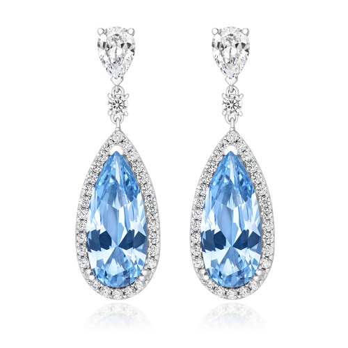 Pale Blue Pear Shape Halo Style Long Slim Drop Earrings LEG0063AQ