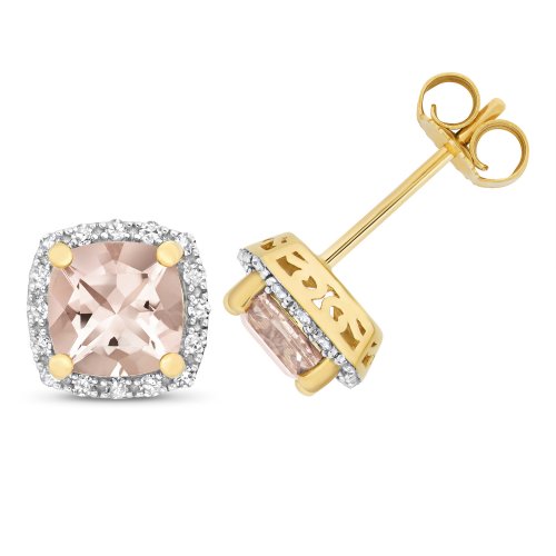 Diamond & Morganite Cushion Cluster Studs In 9ct Gold 