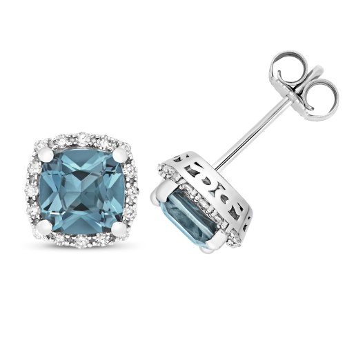 Diamond & London Blue Topaz Cushion Cluster Studs In 9ct White Gold 