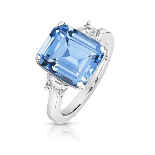 Pale Blue Centre Stone With Tapered Baguette Shoulders Trilogy Ring LRG0027AQ