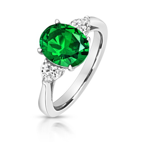 Green Oval Centre Stone Claw Set With Heart Shape Sides Trilogy Ring LRG0025E