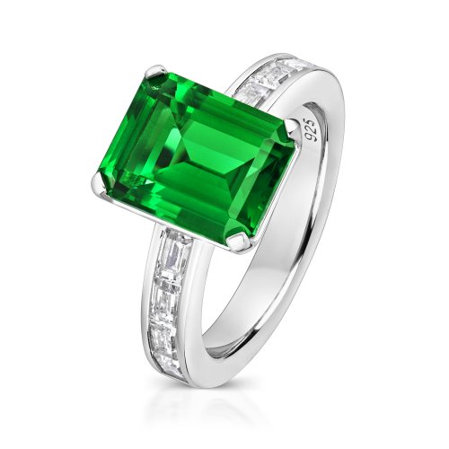 Green Emerald Cut Solitaire With Baguette Channel Set Shoulders Ring LRG0006E