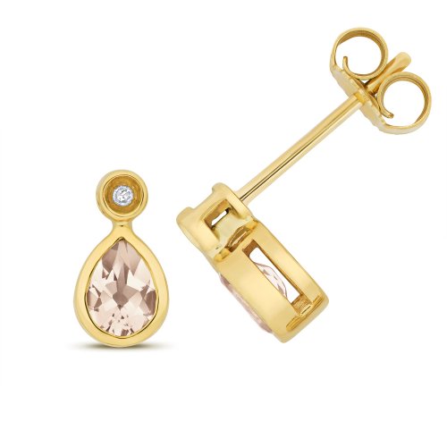 Diamond & Morganite Pear Shape Rubover Studs In 9ct Gold 