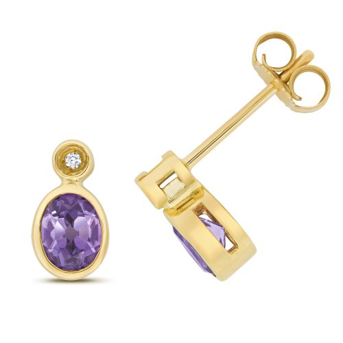 Diamond & Amethyst Oval Rubover Studs In 9ct Gold 