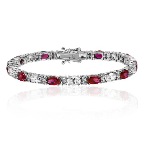 Silver Red And White Oval Cz Claw Set Bracelet 