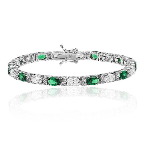 Silver Green And White Oval Cz Claw Set Bracelet 