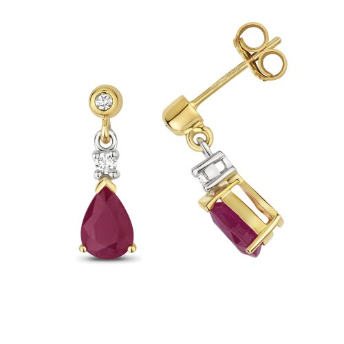Diamonds & Ruby Pear Shape Drops In 9ct Gold 