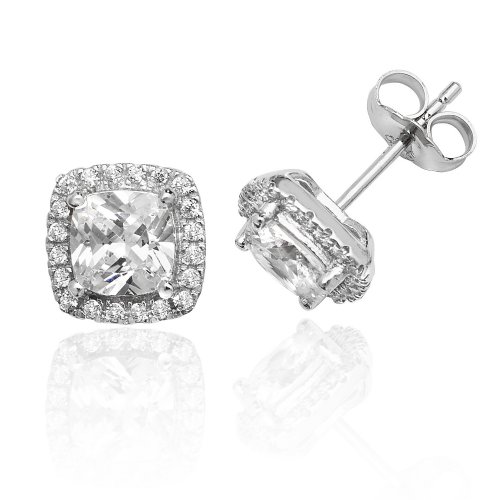 Silver Halo Cushion Cz Claw Set Studs SEG0013CZ