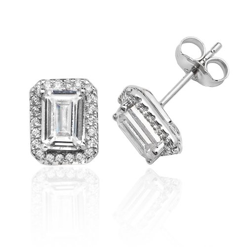 Silver Halo Emerald Cut Cz Claw Set Studs SEG0027CZ