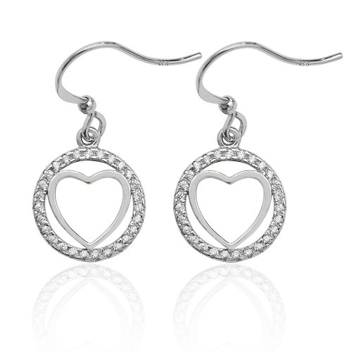 Silver Plain Heart Within Round Halo Cz Drops SEG0029CZ