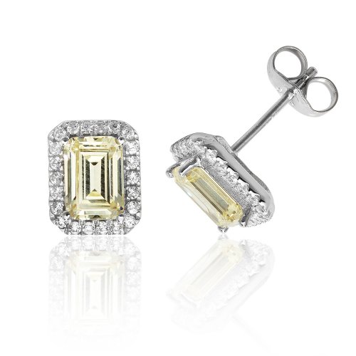 Silver Halo Yellow Emerald Cut Cz Claw Set Studs SEG0027YZ