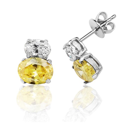 Silver Double Oval Yellow And White Cz Studs SEG0072YZ