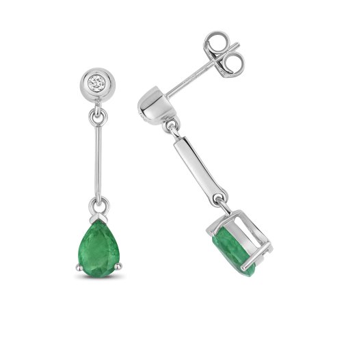 Diamond & Emerald Pear Shape Bar Drops In 9ct White Gold 