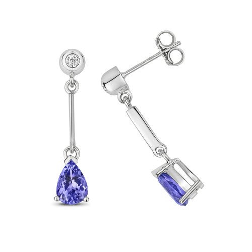 Diamond & Tanzanite Pear Shape Bar Drops In 9ct White Gold 