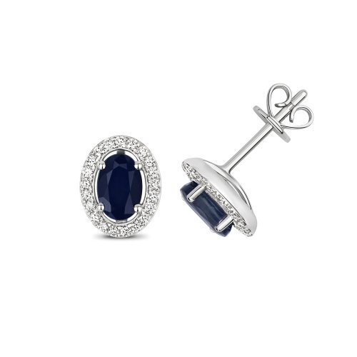 Diamond & Sapphire Oval Halo Studs In 9ct White Gold 