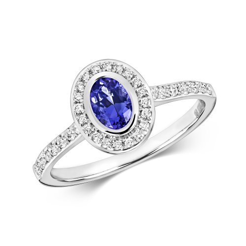 Diamond & Tanzanite Oval Rubover Cluster With Set Shoulders In 9ct White Gold 