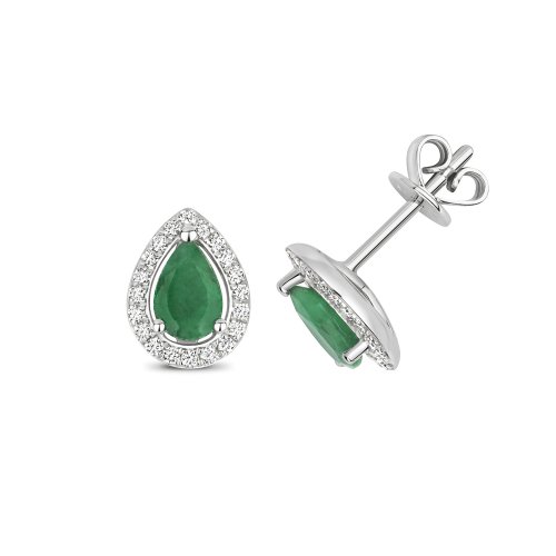 Diamond & Emerald Pear Shape Halo Studs In 9ct White Gold 