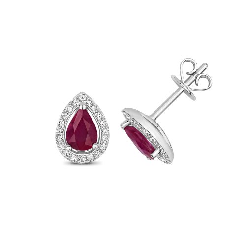 Diamond & Ruby Pear Shape Halo Studs In 9ct White Gold 