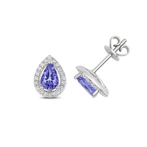 Diamond & Tanzanite Pear Shape Halo Studs In 9ct White Gold 