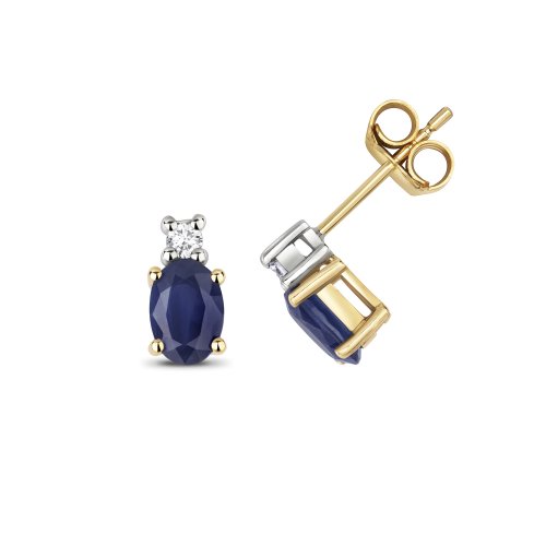 Diamond & Sapphire Oval Claw Set Studs In 9ct Gold 
