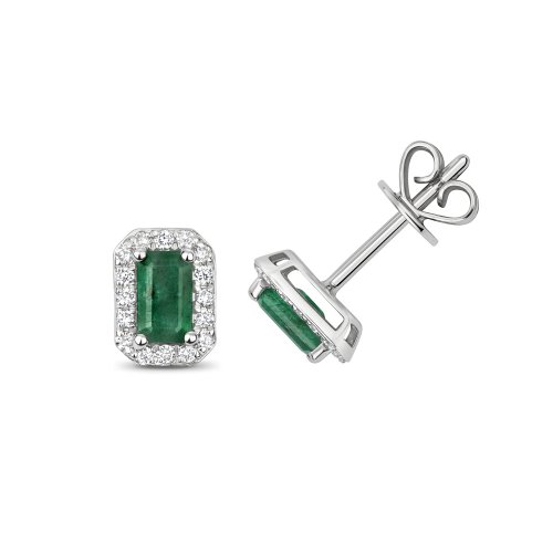 Diamond & Emerald Octagon Cluster Studs In 9ct White Gold 