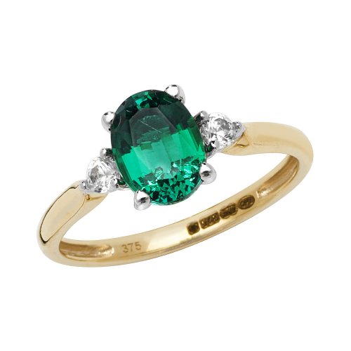 9ct Gold Oval Created Emerald And White Sapphire Ring 