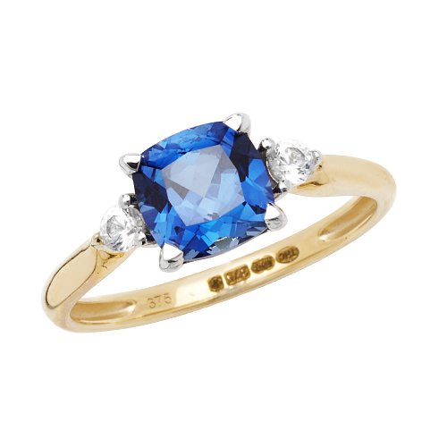 9ct Gold Cushion Created Sapphire And White Sapphire Ring 