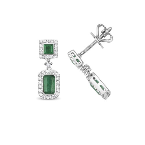 Diamond & Emerald Square And Octagon Cluster Drops In 9ct White Gold 