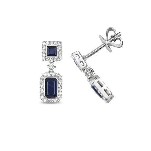 Diamond & Sapphire Square And Octagon Cluster Drops In 9ct White Gold 