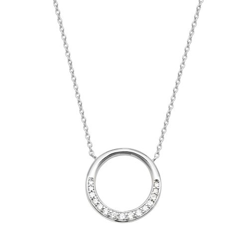 Silver Open Circle Half Cz Set Pendant On Fixed Chain SPG0065