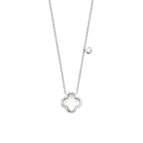 Silver Mother Of Pearl With Single Cz Clover Pendant On Fixed Chain SPG0068