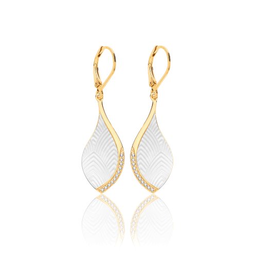 Silver Yellow Gold Plated Mother Of Pearl And Pave Set Cz Pear Shape Drops SEG0088Y
