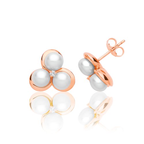 Silver Rose Gold Plated Pearl And Cz 3 Petal Flower Studs SEG0092R
