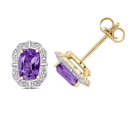 Diamond & Amethyst Cushion Deco Style Cluster Studs In 9ct Gold 